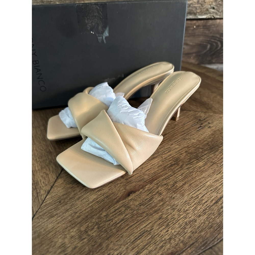 Revolve Tony Bianco Beige Leather Alexa Mule Slip On Heel Square Toe Size 6. NWB